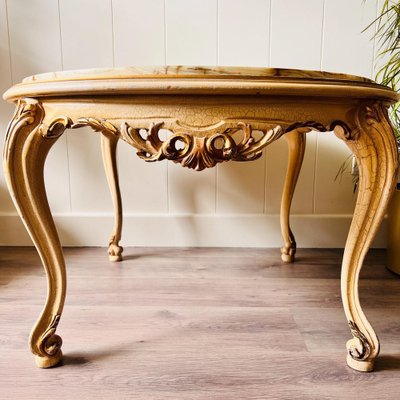 Vintage Baroque Marble-Top Coffee Table with Ornate Carved Wooden