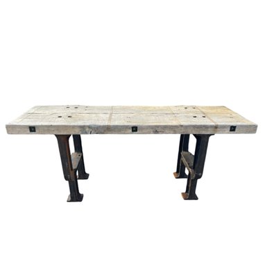 Industrial Factory Workbench in Cast Iron and Wood Top, 1955 for