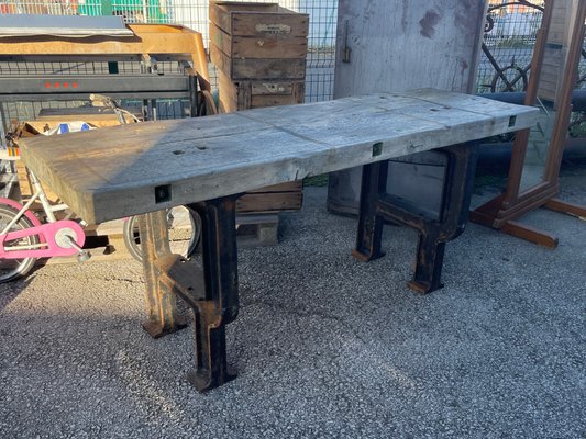 Industrial Factory Workbench in Cast Iron and Wood Top, 1955 for
