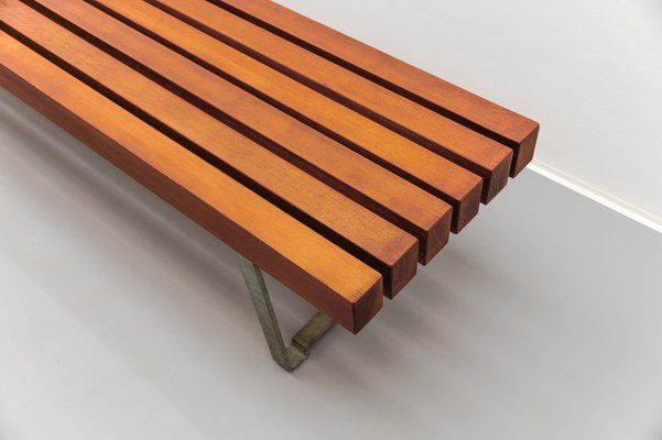 Banc à Lattes / Table D'appoint Floral – Années 50 – Bois Brun – Pieds Boucle – 86x33x27 Cm