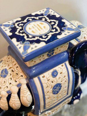 Chinoiserie Ceramic Lucky Elephant Plant Stand in Blue and Cream