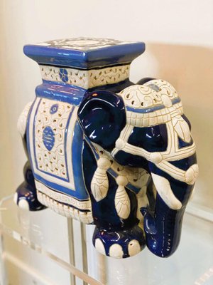 Chinoiserie Ceramic Lucky Elephant Plant Stand in Blue and Cream
