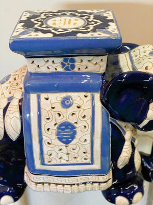 Chinoiserie Ceramic Lucky Elephant Plant Stand in Blue and Cream