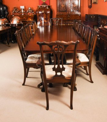 Vintage 20th Century 12ft Twin Pillar Mahogany Dining Table 12 Chippendale Chairs Set of 13