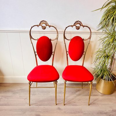 Hollywood Regency Style Brass Velvet Dining Chairs Set of 2 for sale at Pamono