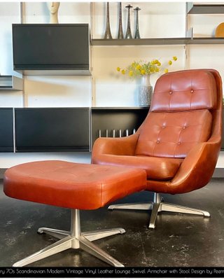 Set of Vintage Vinyl Leather Lounge Swivel Chair and Ottoman in