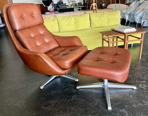 Set of Vintage Vinyl Leather Lounge Swivel Chair and Ottoman in