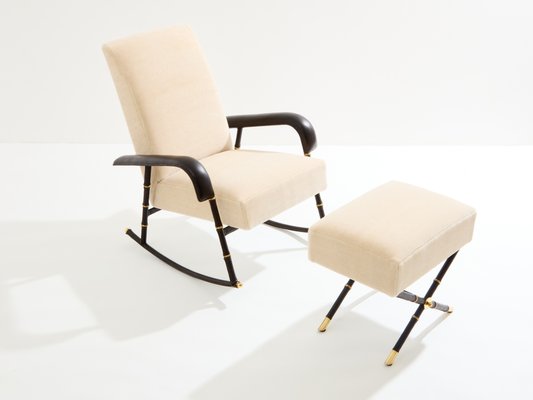 Pair of Black Lacquer Wood Frame Arm Chairs, by Jacques Adnet Pair of Black Lacquer Wood Frame Arm Chairs, by Jacques Adnet