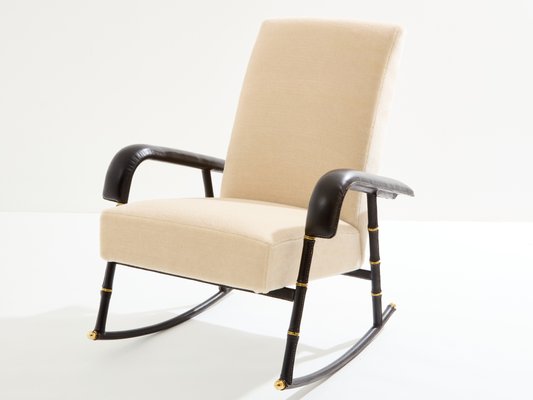 Pair of Black Lacquer Wood Frame Arm Chairs, by Jacques Adnet Pair of Black Lacquer Wood Frame Arm Chairs, by Jacques Adnet