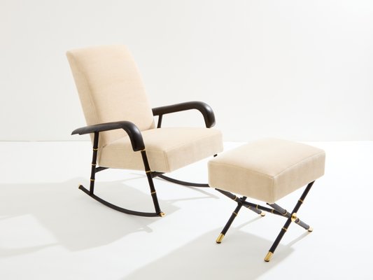 Pair of Black Lacquer Wood Frame Arm Chairs, by Jacques Adnet Pair of Black Lacquer Wood Frame Arm Chairs, by Jacques Adnet