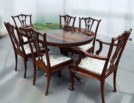 Mahogany Inlaid Dining Table 6 Chairs in Mahogany Set of 7 for sale at Pamono