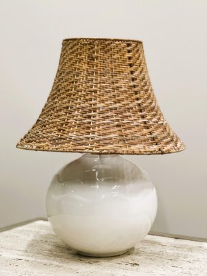 Vintage Ceramic Table Lamp with Rattan Shade, 1980s for sale at Pamono