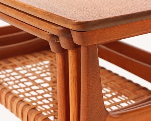 Teak Nesting Tables with Cane Webbing by Erling Torvits for Heltborg Mobler 1950s Set of 3 for sale at Pamono