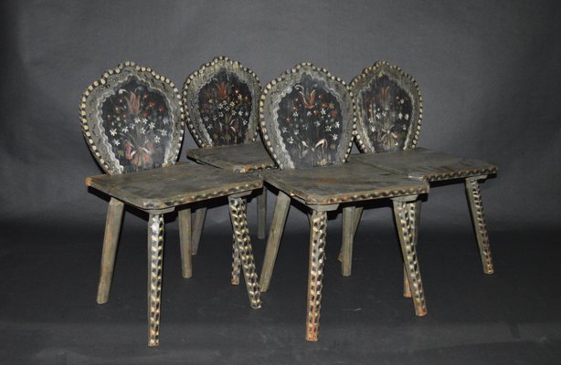 Hand Painted Wooden Dining Chairs 1800s Set of 4 for sale at Pamono