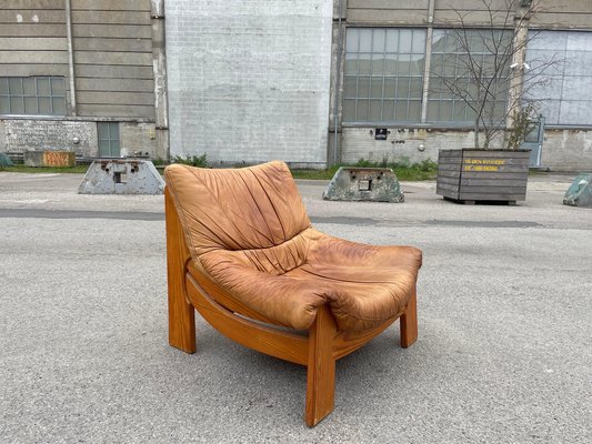Vintage Leather Lounge Chair in Pine from Maison Regain, 1970s for