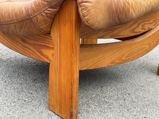 Vintage Leather Lounge Chair in Pine from Maison Regain, 1970s for
