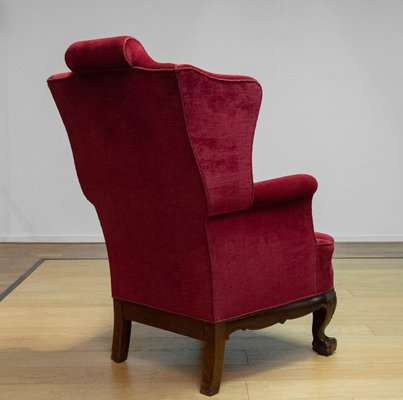 Vintage Red Velvet Wingback Chair, 1920s for sale at Pamono