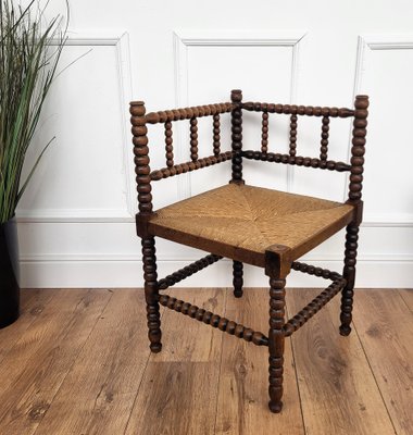 French Bobbin Turned Stick and Ball Wood Rush Corner Chair 1960s for sale at Pamono