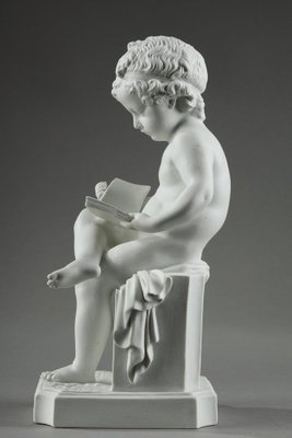 Biskuitporzellanfiguren mit lesendem Kind und Zeichnung des Kindes, 1900er, 2er Set