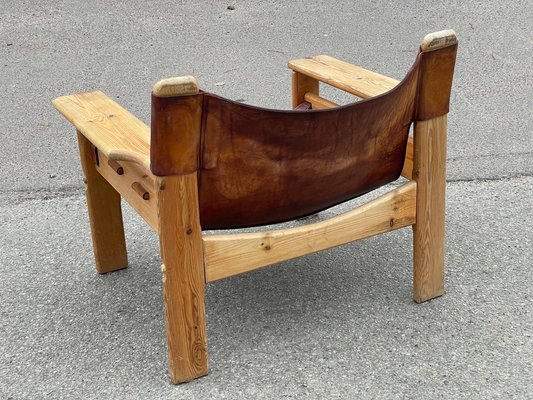 Safari Pine and Leather Chair First Edition attributed to Karin Mobring 1970s for sale at Pamono