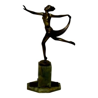 Art Deco Bronze Sculpture Dancing Graceful Lady on Onyx Plinth by