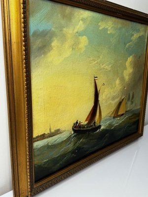 油彩画 AU RENDEZ-VOUS DES BARQUES French Artist, Nautical Seascape with Fishing Boat Heading Out