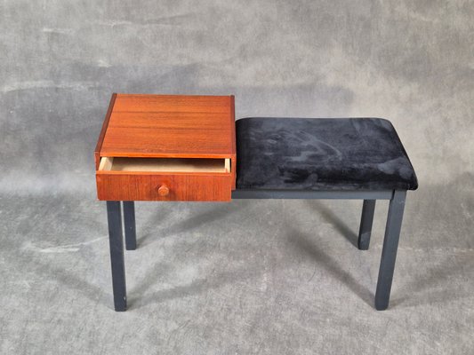 Vintage Scandinavian Telephone Bench in Teak and Black Velvet 1960s for sale at Pamono