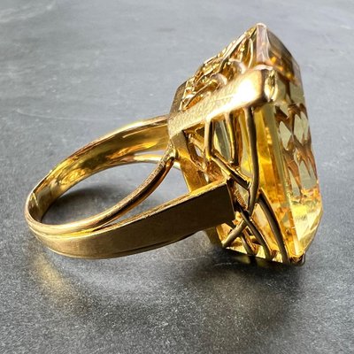 Bague En Or 18 Carats Sertie D'une Citrine Naturelle - Style Art Déco, Taille 53