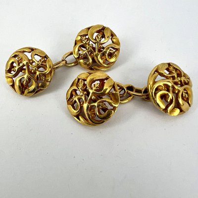 Boutons De Manchette Vintage - Or Avec Diamants - Gravure Étoile Dos Fève - Occasion