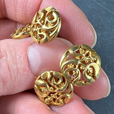 Boutons De Manchette Anciens Or Jaune 14k Et Platine - Gravés, Fin 1800-1912, état Mint