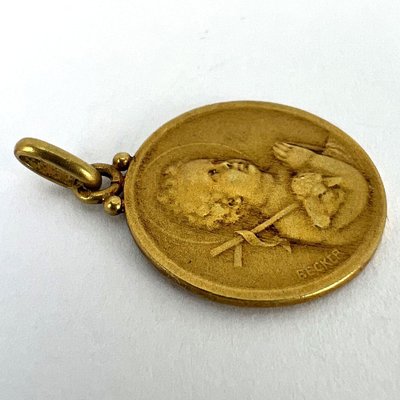 French Lamb of God Jesus Child 18k Yellow Gold Medal Pendant by