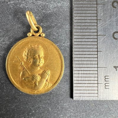 French Lamb of God Jesus Child 18k Yellow Gold Medal Pendant by