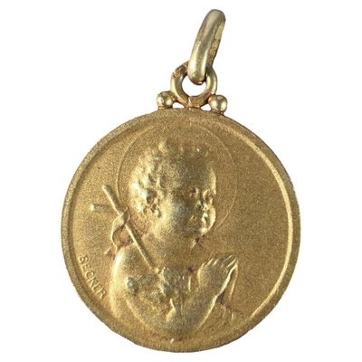 French Lamb of God Jesus Child 18k Yellow Gold Medal Pendant by
