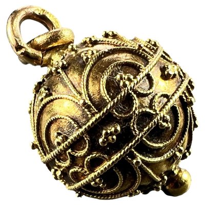 French 18k Yellow Gold Filigree Sphere Charm Pendant, 1890s for