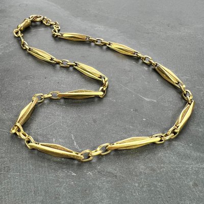 French 18k Yellow Gold Fancy Faceted Curb Link Watch Chain