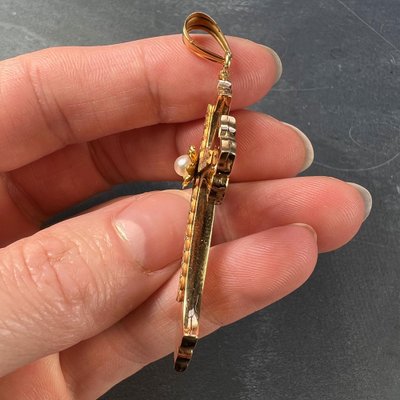 French 18k Rose Yellow Gold Pearl Cross Pendant, 1950s for sale at