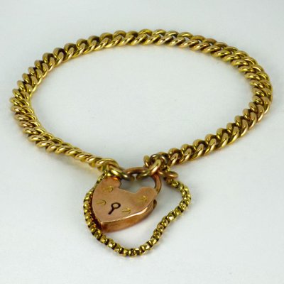 Victorian 9k Rose Gold Heart Padlock Link Bracelet, 1890s