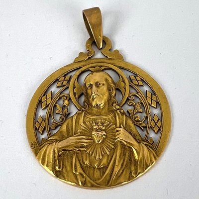 French Lavrillier Sacred Heart Madonna and Child 18k Yellow Gold Medal  Pendant, 1930s