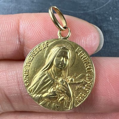 French St Therese 18k Yellow Gold Religious Medal Pendant, 1920s
