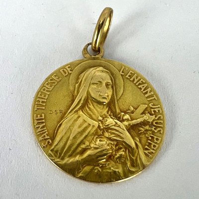 French St Therese 18k Yellow Gold Religious Medal Pendant, 1920s