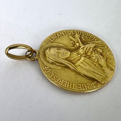 French St Therese 18k Yellow Gold Religious Medal Pendant, 1920s