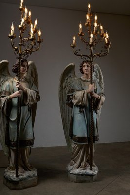 Antique Church Angel Candleholders with Brass Chandeliers, 19th