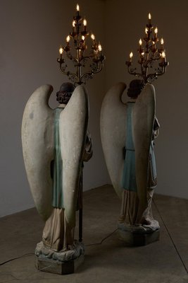 Antique Church Angel Candleholders with Brass Chandeliers, 19th