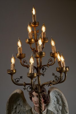 Antique Church Angel Candleholders with Brass Chandeliers, 19th
