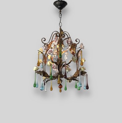 Vintage Florentine Gilt Toleware Floral Chandelier with Murano Drops