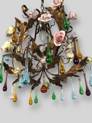 Vintage Florentine Gilt Toleware Floral Chandelier with Murano Drops