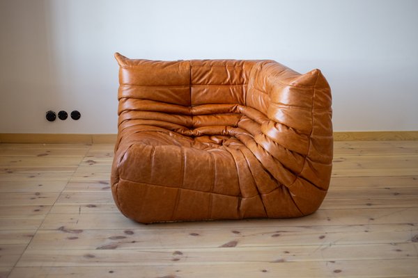 Pine Leather Togo Corner Chair by Michel Ducaroy for Ligne Roset