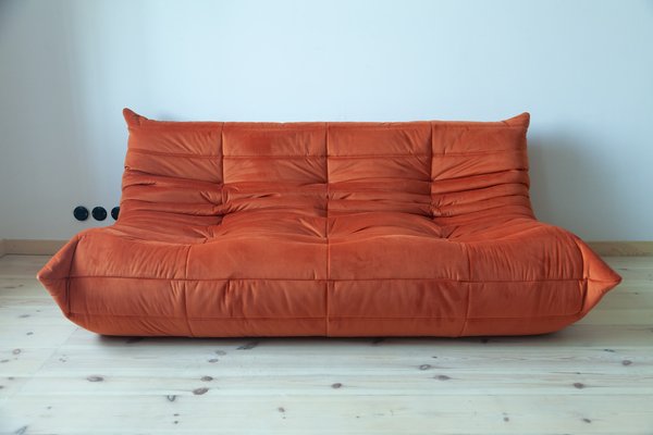 Amber Orange Velvet Togo 3-Seater Sofa by Michel Ducaroy for Ligne