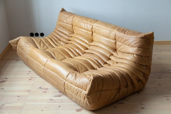Togo Sofa in Camel Brown Leather by Michel Ducaroy for Ligne Roset