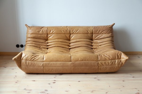 Togo Sofa in Camel Brown Leather by Michel Ducaroy for Ligne Roset